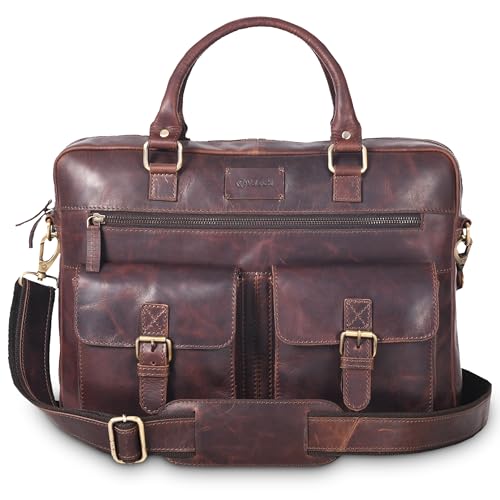 VALENCHI 15" Full Grain Leather Laptop Bag For Men & Women - Padded 15.3" Laptop Compartment, Ample Storage & Pockets, Premium Natural Leather (Brown Vintage) - color: Brown Vintage Lb10