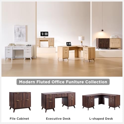 T4TREAM Fluted Executive Desk with Drawers, 60" Modern Home Office Computer Desk with Charging Station, File Cabinet, Keyboard Tray and Storage Cabinet for Study, Living Room, Bedroom, Dark Walnut - color: Walnut