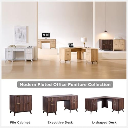 T4TREAM Fluted Executive Desk with Drawers, 60" Modern Home Office Computer Desk with Charging Station, File Cabinet, Keyboard Tray and Storage Cabinet for Study, Living Room, Bedroom, Dark Walnut - color: Walnut