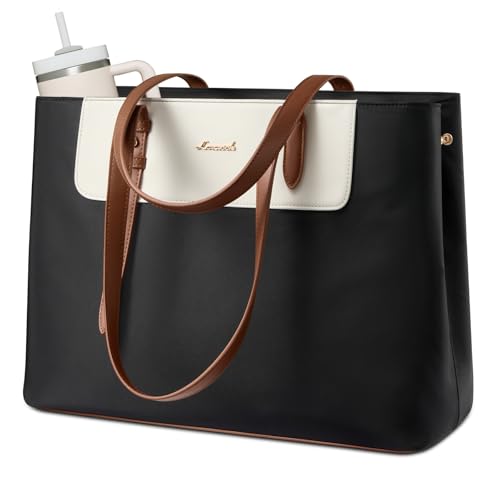 LOVEVOOK Laptop Tote Bag for Women 15.6 Inch, Water-Resistant Work Tote Bag Large Capacity Computer Bag Briefcase Handbag - color: Black-beige, size: 17.3Inch