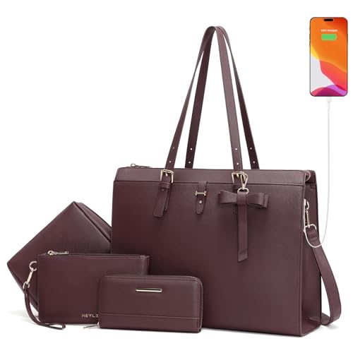 Keyli 4pc Sets Laptop Bag for Women Large Leather Laptop Briefcase with USB Charging Port Computer Shoulder tote Bags Purse - color: Coffee