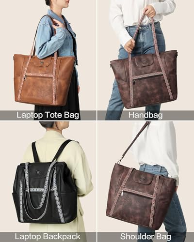 Large Laptop Tote Bag for Women Designer Leather Laptop Bag, 15.6in | Fashion Travel Backpack Purse Shoulder Handbag Fits 15.6 Laptop, Daily, Work, Business Trip, Weekend Travel, Teacher - color: Coffee Brown Retro Style