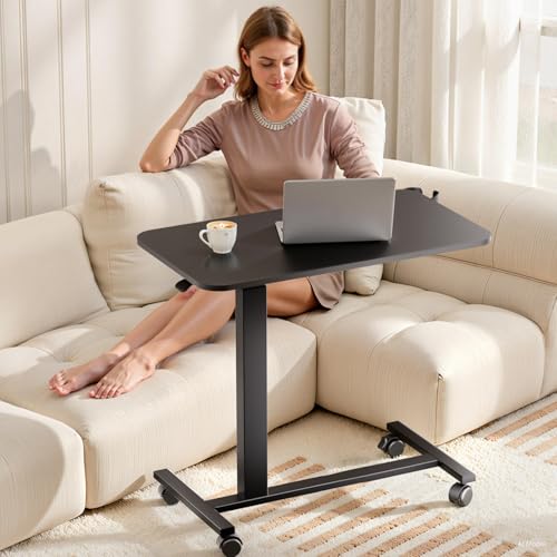 COMHOMA Adjustable Overbed Bedside Table with Lockable Wheels, Pneumatic Mobile Standing Laptop Desk, Small Standing Desk Portable Rolling Overbed Table Hospital Home Use(32" W x 18" D, Black) - color: Black, size: Large