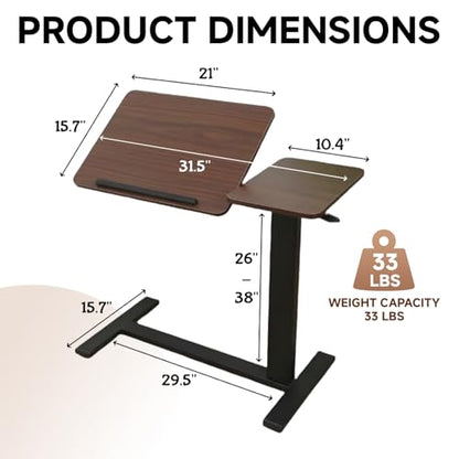 Overbed Bedside Desk with Hidden Wheels, Height Adjustable Rolling Laptop Stand, Tilting Over Bed Table for Bed Sofa, Mobile Bedside Table,Walnut - color: Walnut, style: Basic