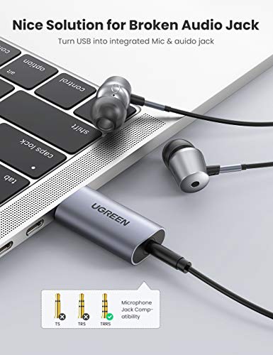 UGREEN USB to Audio Jack USB External Sound Card 3.5mm Audio Adapter 2 in 1 USB A to Aux TRRS Headphone Adapter Microphone Stereo Jack Aluminum Compatible with PS5 PC Windows Mac Linux Laptop Desktop