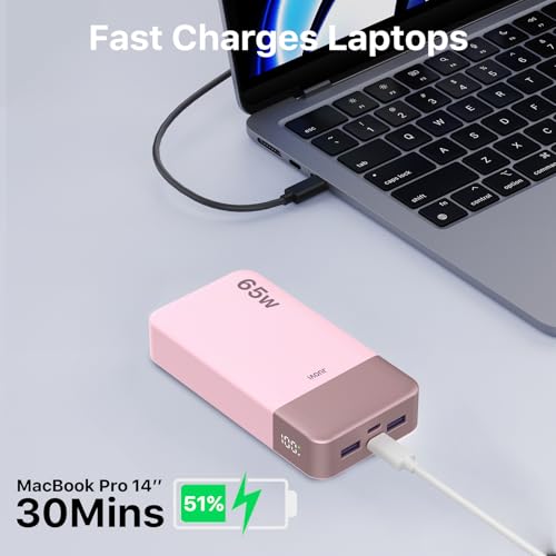 JUOVI Portable Charger 65W Power Bank 20000mAh Compact USB C Laptop Power Bank Fast Charging Battery Pack for Laptop MacBook Dell XPS iPad Tablet Steam Deck iPhone 17/16/15/14 Series Samsung and More - color: Pink
