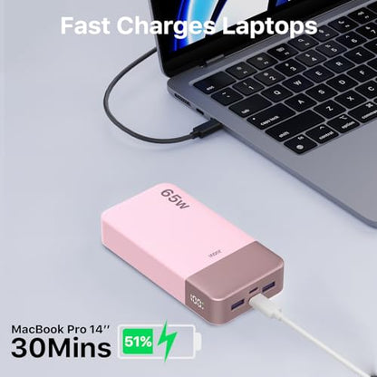 JUOVI Portable Charger 65W Power Bank 20000mAh Compact USB C Laptop Power Bank Fast Charging Battery Pack for Laptop MacBook Dell XPS iPad Tablet Steam Deck iPhone 17/16/15/14 Series Samsung and More - color: Pink