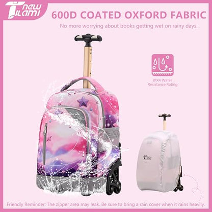 NEW TILAMI 16 Inch Rolling Backpack with Lunch Bag for Girls Boys School | 6-Wheel Stair-Climbing Girls Boys Carry-on Suitcase Water-Resistant Adjustable Trolley Handle Wheels School Travel Camping - color: Pink - Purple Galaxy