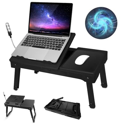 Foldable Laptop Table with Cooling Fan, LED Light, 4 x USB Ports, Mouse Pad & Storage Groove for Laptop Use in Home Office - color: Black
