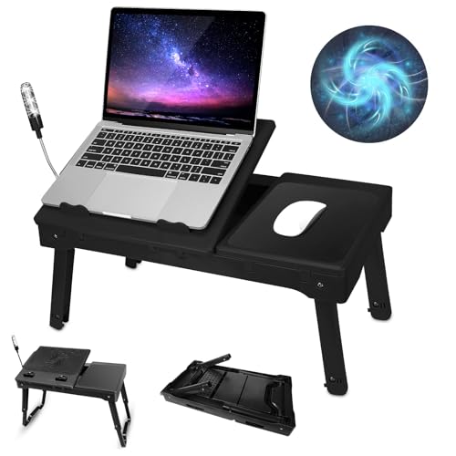 Foldable Laptop Table with Cooling Fan, LED Light, 4 x USB Ports, Mouse Pad & Storage Groove for Laptop Use in Home Office - color: Black