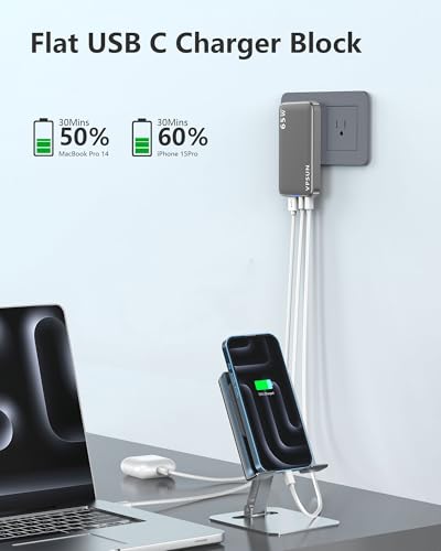 65W GaN USB C Wall Charger Block,3 Port Ultra Thin Flat USB-C Charging Plug,Foldable USB Power Adapter for MacBook,iPhone 15/16,Samsung (Gray) - color: Gray