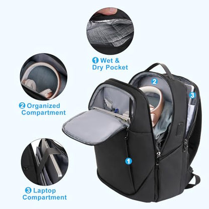 MOSISO 15.6-16 inch Waterproof Laptop Backpack with USB Charging Port & Front Wet & Dry Pocket, Business Commute Backpack, 16 inch Laptop Bag Casual Daypack for College Work Business, Black