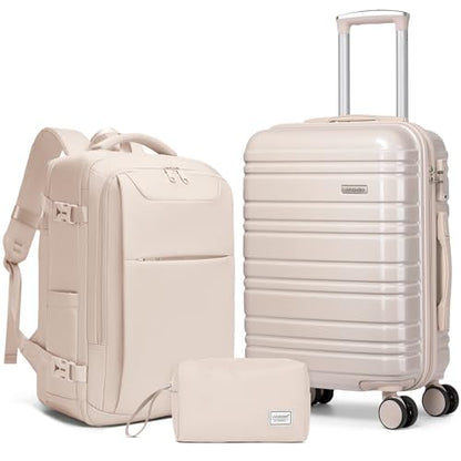 LARVENDER Carry on Luggage Sets 3 Piece, 20 Inch Suitcase, Glossy Champagne | 22x14x9 Airline Approved, Lightweight PC+ABS Hardshell, Smooth 360° Double Wheels, TSA Lock, 3-Piece Set with XL Backpack - color: Glossy Champagne (XL-BP), size: 3 Piece Set (B