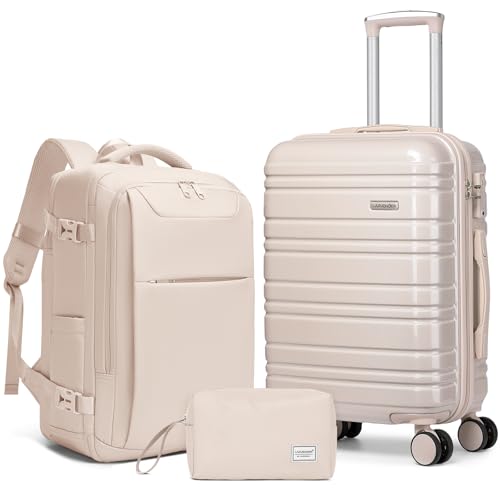 LARVENDER Carry on Luggage Sets 3 Piece, 20 Inch Suitcase, Glossy Champagne | 22x14x9 Airline Approved, Lightweight PC+ABS Hardshell, Smooth 360° Double Wheels, TSA Lock, 3-Piece Set with XL Backpack - color: Glossy Champagne (XL-BP), size: 3 Piece Set (B