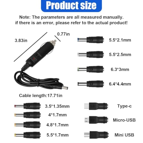 12V Car Charger with 5V DC Power Cable, DC 5.5mm x 2.1mm Cigarette Lighter Plug with 11 Connectors, Portable Auto Power Supply Cord Adapter for DVD Player, Camera, Bluetooth Speakers (Black)