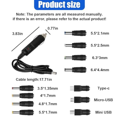 12V Car Charger with 5V DC Power Cable, DC 5.5mm x 2.1mm Cigarette Lighter Plug with 11 Connectors, Portable Auto Power Supply Cord Adapter for DVD Player, Camera, Bluetooth Speakers (Black)