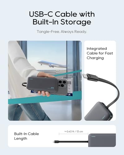 CUKTECH 20,000mAh Power Bank with Built-in USB-C Cable, 40W PD Fast Charging Portable Charger, 3-Port Battery Pack for iPhone 17/16, Samsung S26/S25, iPad Pro, MacBook Air, Travel Essentials - color: Grey