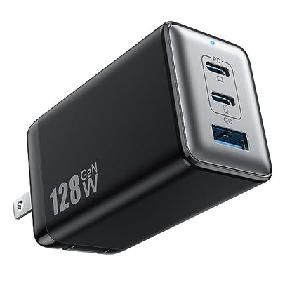 128W USB C Wall Charger,GaN III 3-Port Fast Charging Station,PD QC Foldable Charger Block Portable 65W Laptop Adapter for MacBook Pro/Air,iPad Pro,Galaxy S23,Dell XPS 13,iPhone 17/16/Pro etc - color: Black