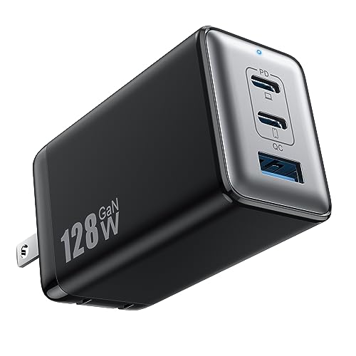 128W USB C Wall Charger,GaN III 3-Port Fast Charging Station,PD QC Foldable Charger Block Portable 65W Laptop Adapter for MacBook Pro/Air,iPad Pro,Galaxy S23,Dell XPS 13,iPhone 17/16/Pro etc - color: Black