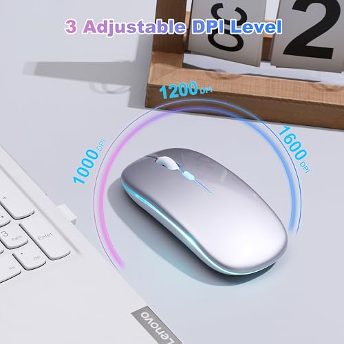 Wireless Bluetooth Mouse Rechargeable Long Lasting Dual Mode - BT 5.2 & 2.4G Silent RGB LED Mice, Slim Portable Ergonomic Mouse for Laptop/PC/Tablet/MacBook/iPad/Apple Devices (Silver) - color: Silver