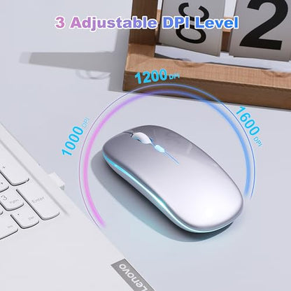 Wireless Bluetooth Mouse Rechargeable Long Lasting Dual Mode - BT 5.2 & 2.4G Silent RGB LED Mice, Slim Portable Ergonomic Mouse for Laptop/PC/Tablet/MacBook/iPad/Apple Devices (Silver) - color: Silver