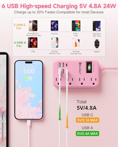 6 USB (2 USB C) Pink Extension Cord,5 Feet Travel Power Strip,4 Outlets | 6 USB,24W USB Charging Station,Travel Power Strip,Pink Desk Accessories, Surge Protector,Cute Kawaii Gifts College Dorm,5 Ft - size: Pink-24W USB-5ft-980J
