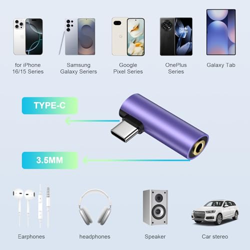 USB C to 3.5mm Audio Adapter for Google Pixel 10A 10 9A 9 Pro XL Fold 8 Pro 8A 8 7 Pro 7A 7 6 5 4,Headphone Jack Adapter Connector Dongle for iPhone 17 16E 16 15 Plus Pro Max,Samsung Galaxy S26 S25 - color: Purple