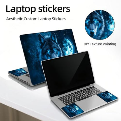 Universal Laptop Skin Sticker Decal, 12"-15.6" Aesthetic Vinyl Wrap, Blue Wolf with Glowing Moon Waterproof Notebook Cover Art Protector for MacBook HP Dell Lenovo, Fits 13" 14" 15" 15.6" - color: Blue Wolf with Glowing Moon