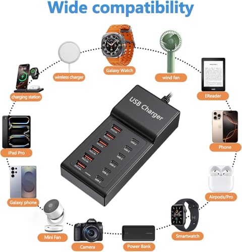 Multi USB Charger USB C Charging Station Block 50W 12 Ports Multiple USB C Hub USB Charging Strip for iPhone 13/14/15/16/Smartphone/Tablet - size: 50W 12 Port B