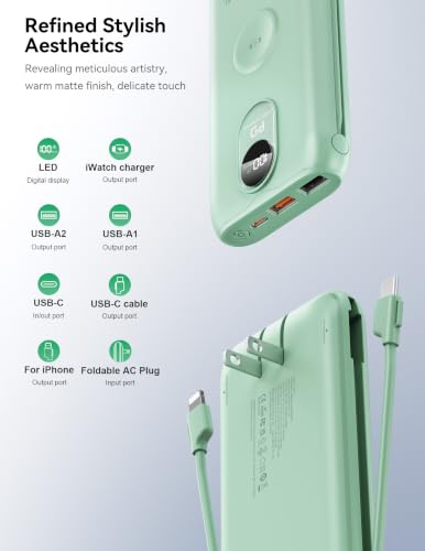Portable Charger 10000mAh 20W, Wall Plug, 2 Cables, iWatch Charging | Digital Display, Compact Lightweight, USB C Fast Charge, USB-A 18W, Multi Protection, Travel Essential, for iPhone 17 16, Pad - color: Natural Green