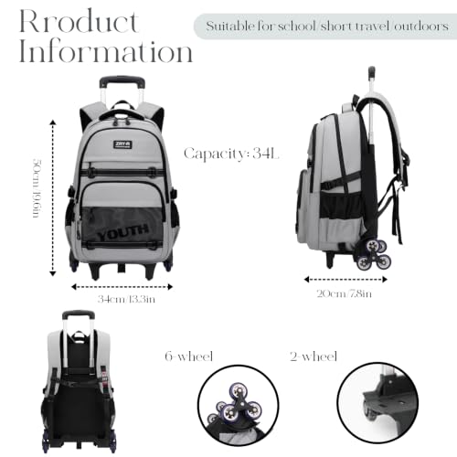 EKUIZAI Kids Rolling Wheeled Backpack for Boys Girls Roller Middle School Backpack with Wheels Rolling Bookbag Trolley Bag for Kids，2 Wheels Black - color: 2-wheel Black, style: 2 Wheels