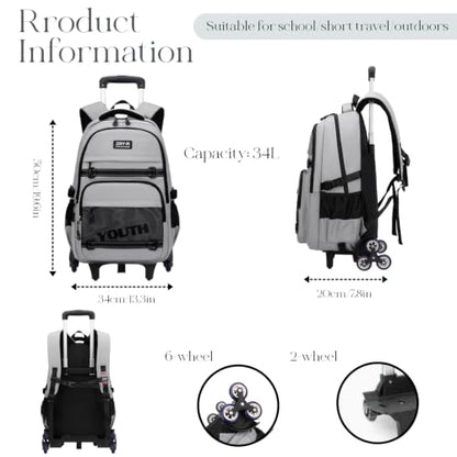 EKUIZAI Kids Rolling Wheeled Backpack for Boys Girls Roller Middle School Backpack with Wheels Rolling Bookbag Trolley Bag for Kids，2 Wheels Black - color: 2-wheel Black, style: 2 Wheels