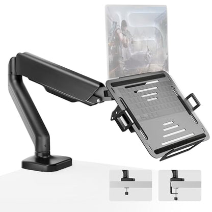 monTEK 2-in-1 Laptop & Monitor Desk Mount, Fits 12–18"Laptops & 32" Screens | 2-in-1 Desk Mount with Removable Vented Laptop Tray, Full Motion Arm with Clamp/Grommet Base, 75/100 VESA Mount - style: Single Arm
