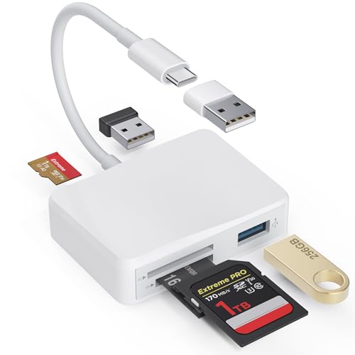 SD Card Reader, 5 in 1 USB-C & USB Card Adapter with SD/MicroSD/MS and Dual USB-A Ports Memory Card Reader for iPhone 17/16/15 Pro Max iPad MacBook Pro/Air M4/M3 Android Phone/Tablet PC (White) - color: White