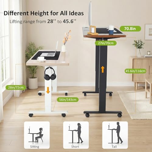 farexon Electric Standing Desk Adjustable Height, 71 x 28 Inch Sit Stand up Desk with Large Mouse Pad, Double Metal Hook,4 Wheels,4 Memory Preset Heights Home Office Computer Desk（Brown） - color: Brown, size: 71 x 28''