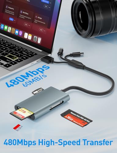 4-in-1 Multi Memory Card Reader for SD/Micro SD/MS/xD-Picture-Cards, Memory Stick Pro Duo Adapter with Lightning/USB-C/USB-A Connectors, Sony Cybershot Card Reader for iPhone 17/16/15/14/Android/PC