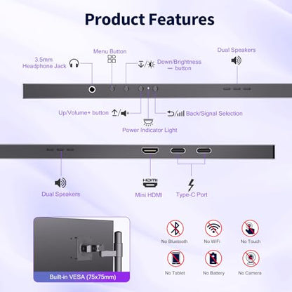 COOLHOOD 18.5 Inch FHD USB-C HDMI 120Hz Portable Monitor | Travel Portable Monitor for Laptop 、PC、PS5、Xbox, Portable Screen with Cover Stand, VESA Compatible - size: 18.5“