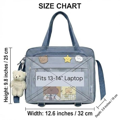 Kawaii Crossbody Ita Bag for Women with Pin & Plush Bear - Japanese Messenger Bags Y2K Shoulder Purse - color: B Pro Blue (Fits 13.4" Laptop)