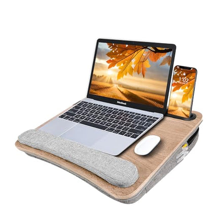 Lap Desk Laptop Bed Table: Home Office Portable Computer Lapdesk with Soft Pillow Cushion and Storage Bag - Wood Wide Writing Padded Tray for Work Gaming on Couch Fits up to 15.6 Inch