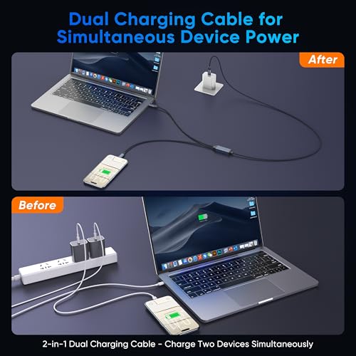 USB C to USB C 2 in 1 Multi Charging Cable 4FT, 140W Fast Charge USB-C Splitter Chargering Cable with 2 Type C Ports for iPhone 17/16/15 Series, Samsung Galaxy S25, iPad, MacBook Air/Pro, Lenovo