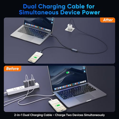 USB C to USB C 2 in 1 Multi Charging Cable 4FT, 140W Fast Charge USB-C Splitter Chargering Cable with 2 Type C Ports for iPhone 17/16/15 Series, Samsung Galaxy S25, iPad, MacBook Air/Pro, Lenovo