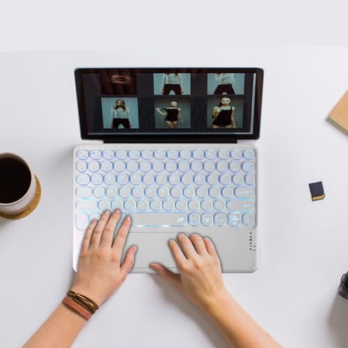 Universal Slim Portable Wireless Bluetooth Backlit Keyboard with Touchpad, Rechargeable Multi-Device Keyboard Compatible with Windows/iOS/Android for Tablet, Smartphone, Laptop, White