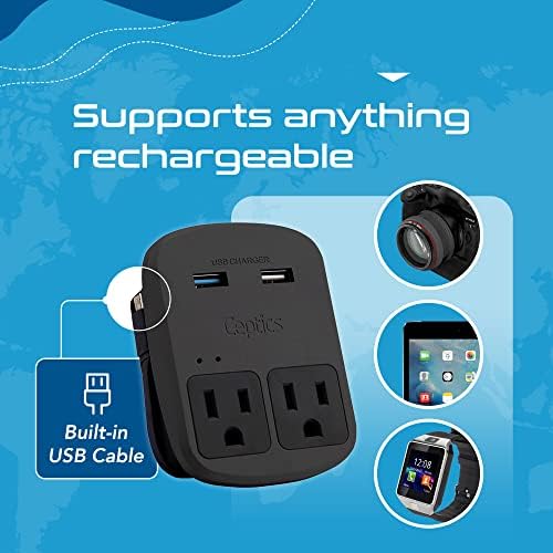 Ceptics World Travel Adapter Kit - QC 3.0 Dual USB + Dual US Outlets, Surge Protection, Perfect For Europe, UK, China, Australia, Japan, Perfect For Laptop, Cell Phones, Cameras - Safe ETL - Black - color: Matte Black