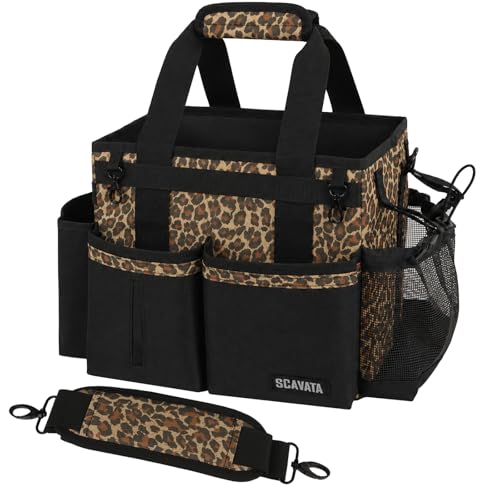 SCAVATA Compact Wearable Cleaning Caddy with Handle & Shoulder Straps | Small Cleaning Supplies Organizer, Under Sink & Car Cleaning Tools Storage Bag for Housekeepers Cleaners, Leopard - color: Leopard