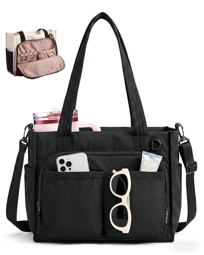 BAGSMART Small Tote Bag for Women, 13'' Laptop Canvas Work Bag with Zipper | 30oz/40oz Tumble & 11 Pockets Travel Tote, Teachers/Nurses, Lightweight Canvas or Water-Resistant Puffer Taslon Crossbody Bag - color: 12l Small All Black, size: Puffy Taslan