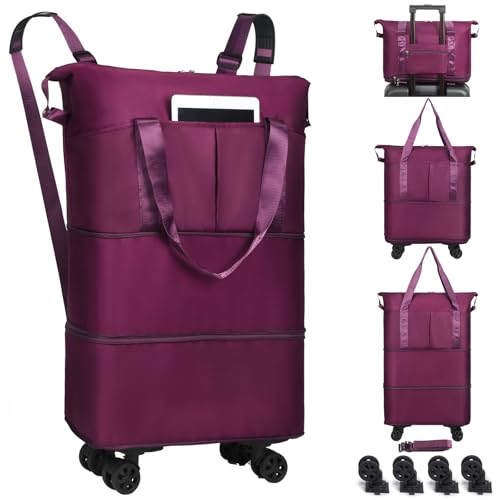 VOOWO Duffel Bag with Wheels - Rolling Foldable Expandable Duffle Bag with Wheel for Travel, Rolling Luggage Bag Carry On Travel Bag with Wheels, Large Wheeled Overnight Weekender Bags (Deep Purple) - color: Deep Purple