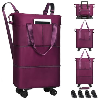 VOOWO Duffel Bag with Wheels - Rolling Foldable Expandable Duffle Bag with Wheel for Travel, Rolling Luggage Bag Carry On Travel Bag with Wheels, Large Wheeled Overnight Weekender Bags (Deep Purple) - color: Deep Purple