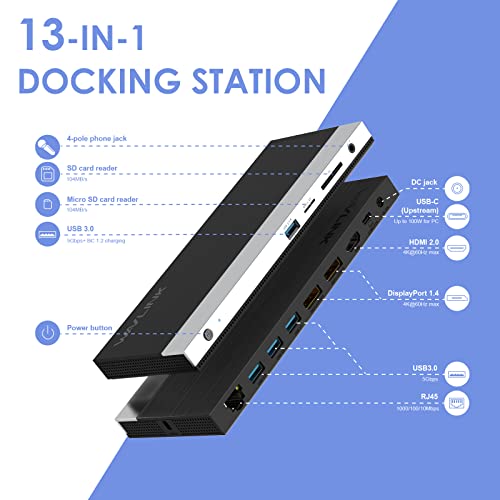 WAVLINK USB C Docking Station,100W PD Charging,Triple 4K Display Type-C Adapter(HDMI,2 DisplayPort,Ethernet,4 USB 3.0,SD/TF Card Reader,3.5mm Audio) for MacBook Pro,Dell XPS 13/15,HP,Lenovo Yoga