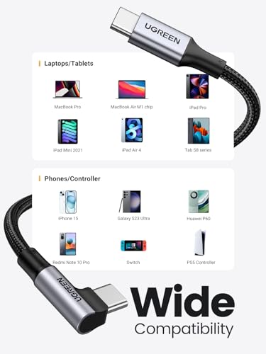 UGREEN 100W Right Angle USB C Cable, Fast Charging Cable, 6.6ft | 90° angled connector for gaming & bedside. For iPhone 17/16/15, MacBook, Galaxy S26/S25, iPad, Pixel, Switch - size: 6.6 ft