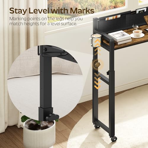 Overbed Table with Wheels, Height Adjustable, Recliner Table with Charging Station and Laptop Stand, Rolling Table with Storage and Cup Holder, Side Table for Living Room, Bed Room, Rustic Brown